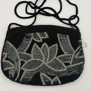 Vintage Black Glass Beaded Cocktail Bag/Purse, Made In Macau Floral Design